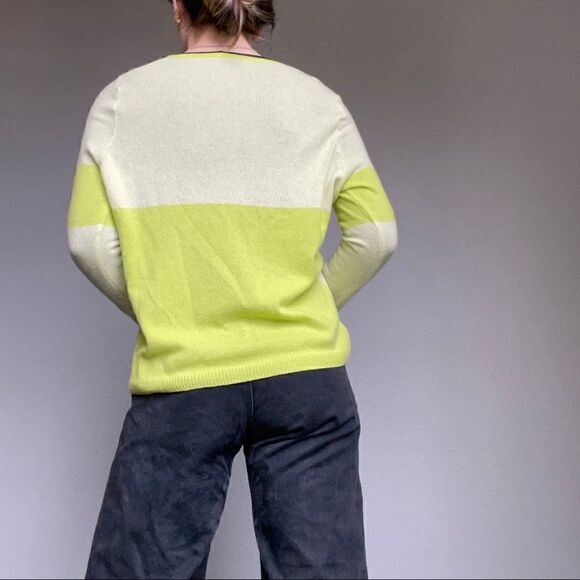 Luisa Cerano Lime Green White Cashmere Light Weight Pullover Sweater Sz M - Picture 3 of 11